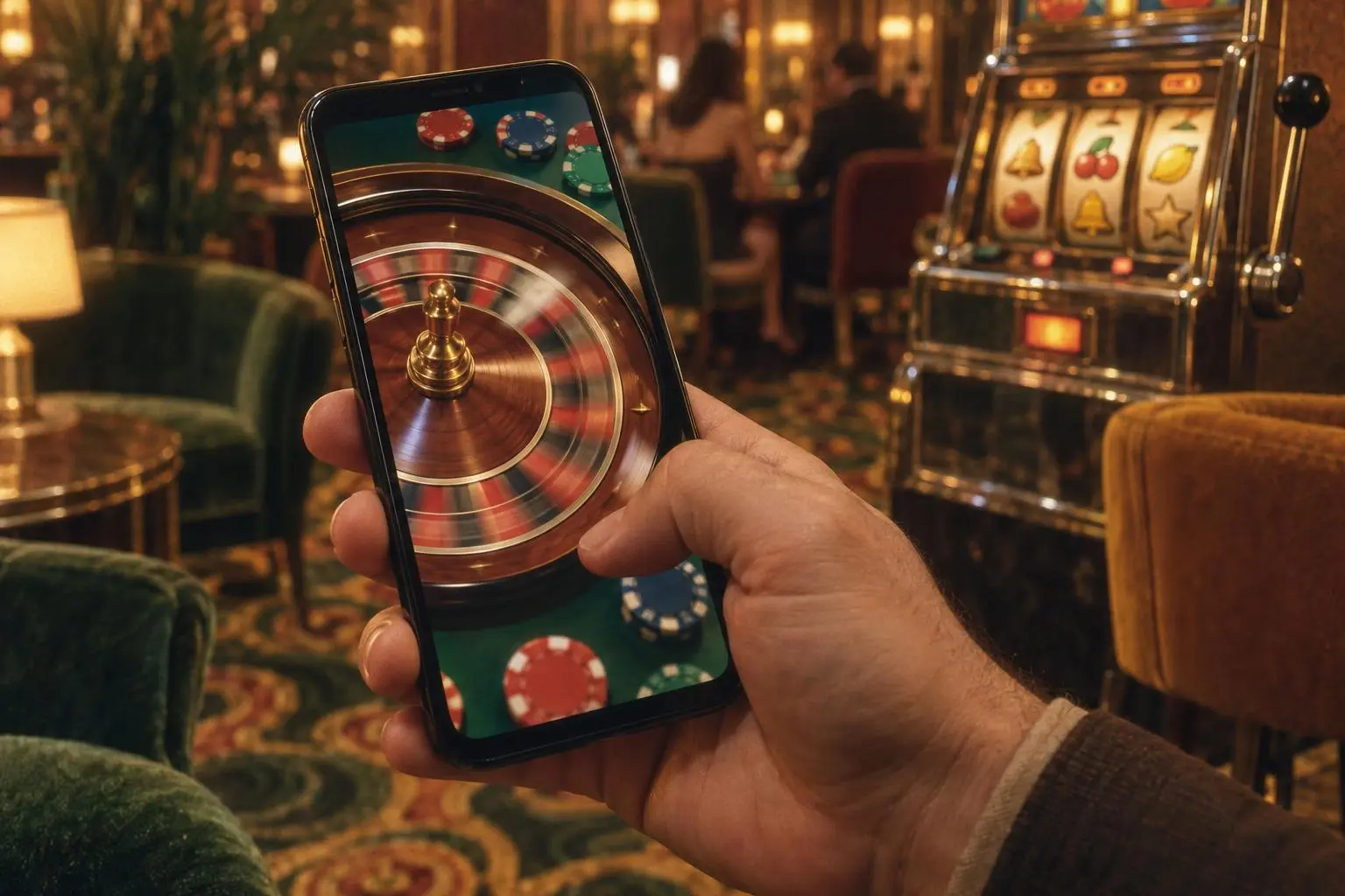Una mano sostiene un celular con una ruleta en movimiento; al fondo se ve un tragamonedas mecánico.