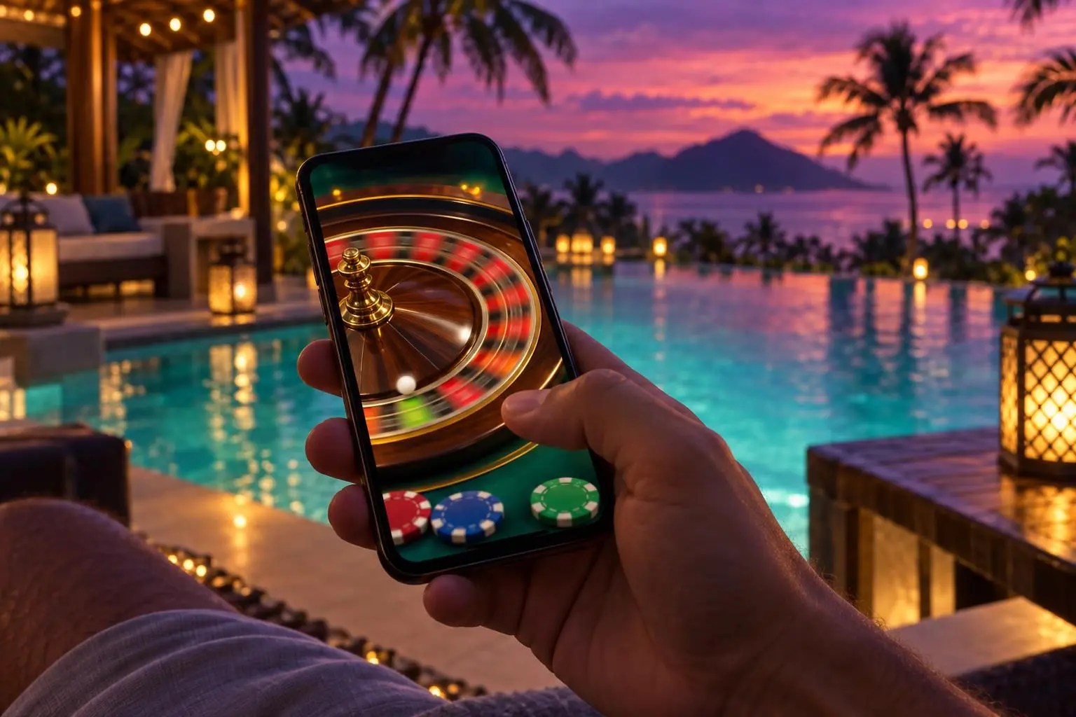 Una mano sostiene un celular con una ruleta en movimiento junto a la piscina.