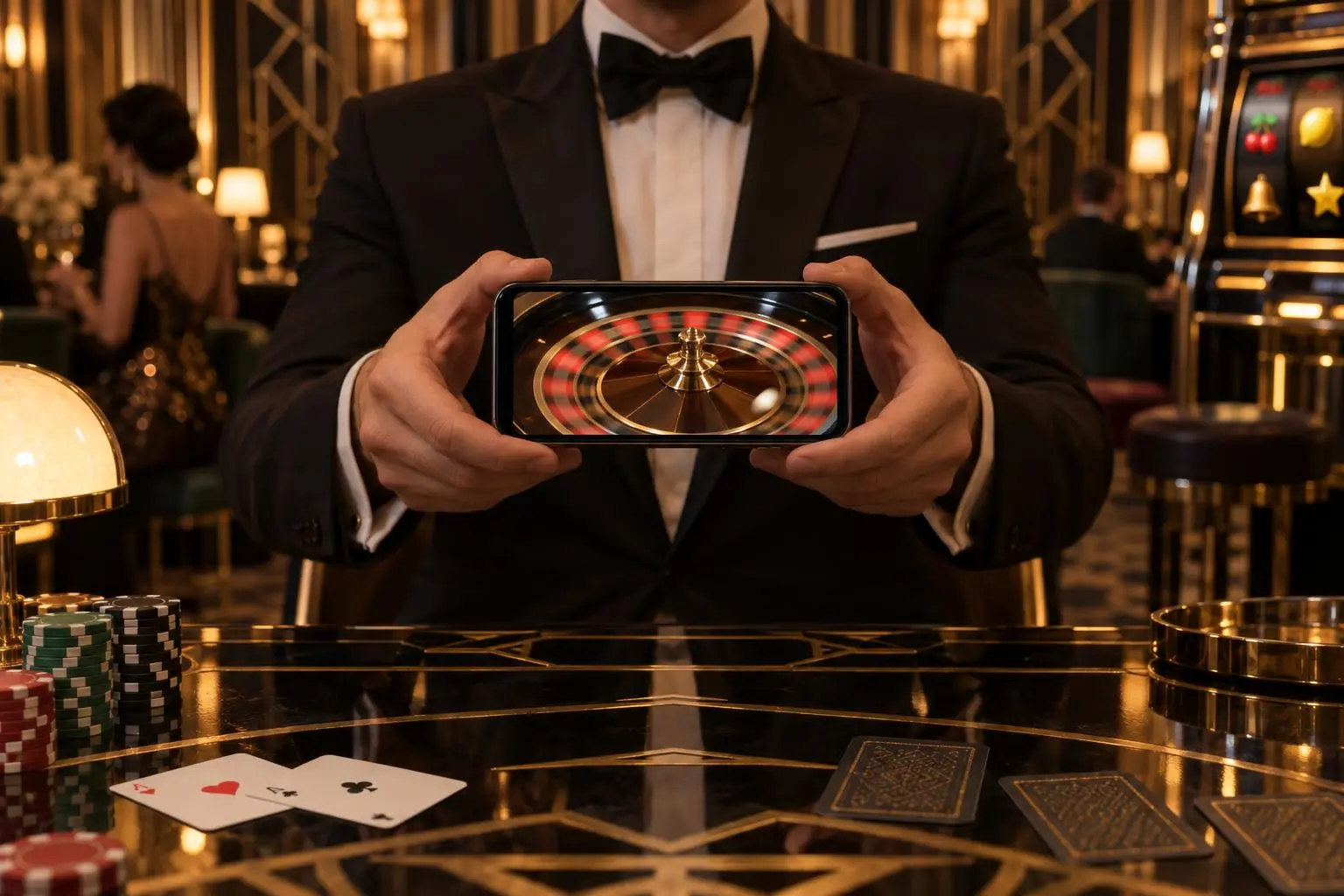 Una persona sostiene un celular con una ruleta en movimiento en la pantalla.