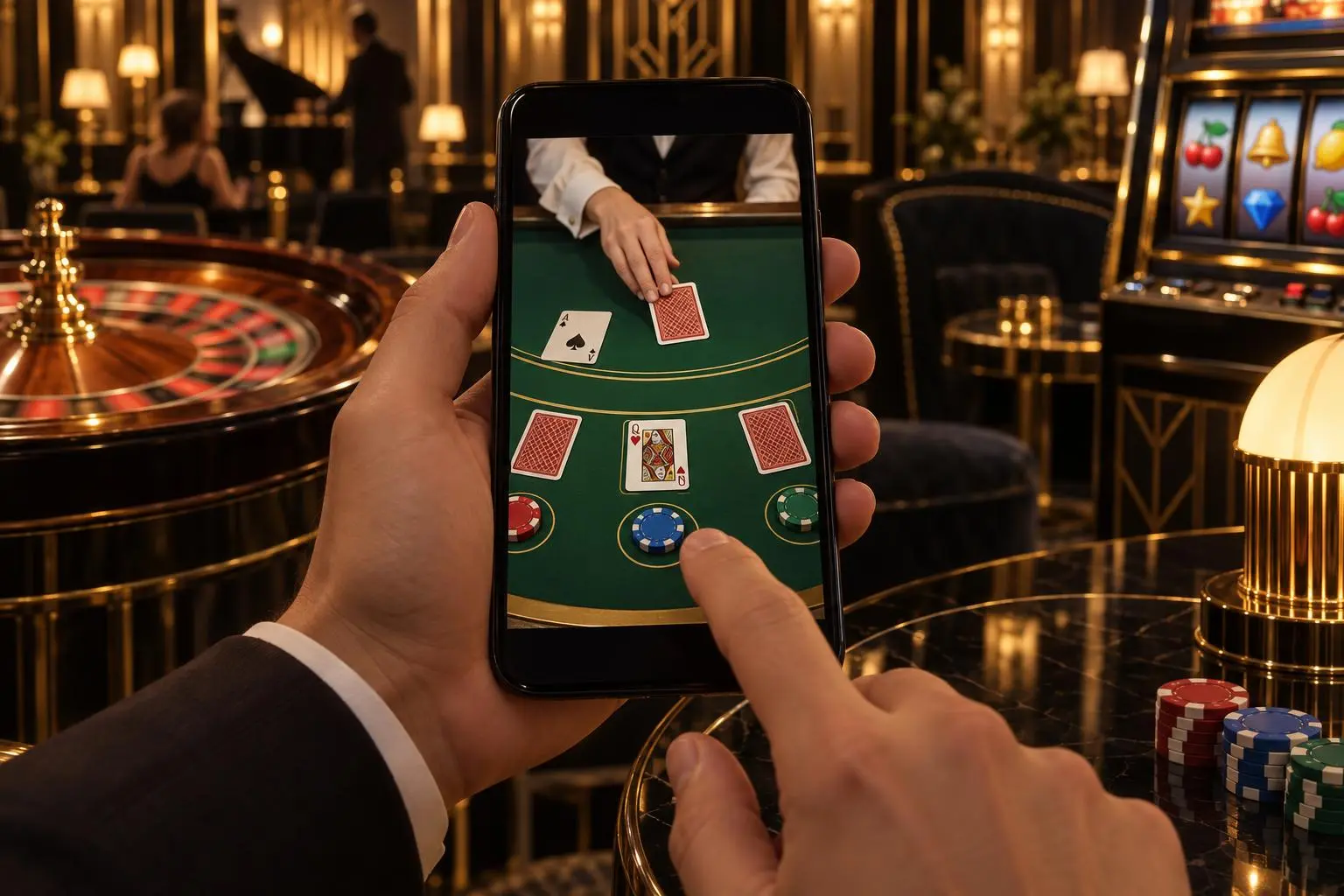 En la pantalla de un celular, una mano reparte una carta en una partida de blackjack.