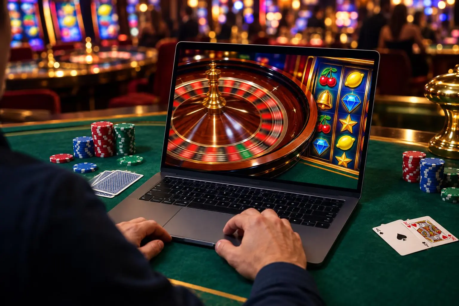 Una persona usa una laptop con una ruleta en movimiento en la pantalla.