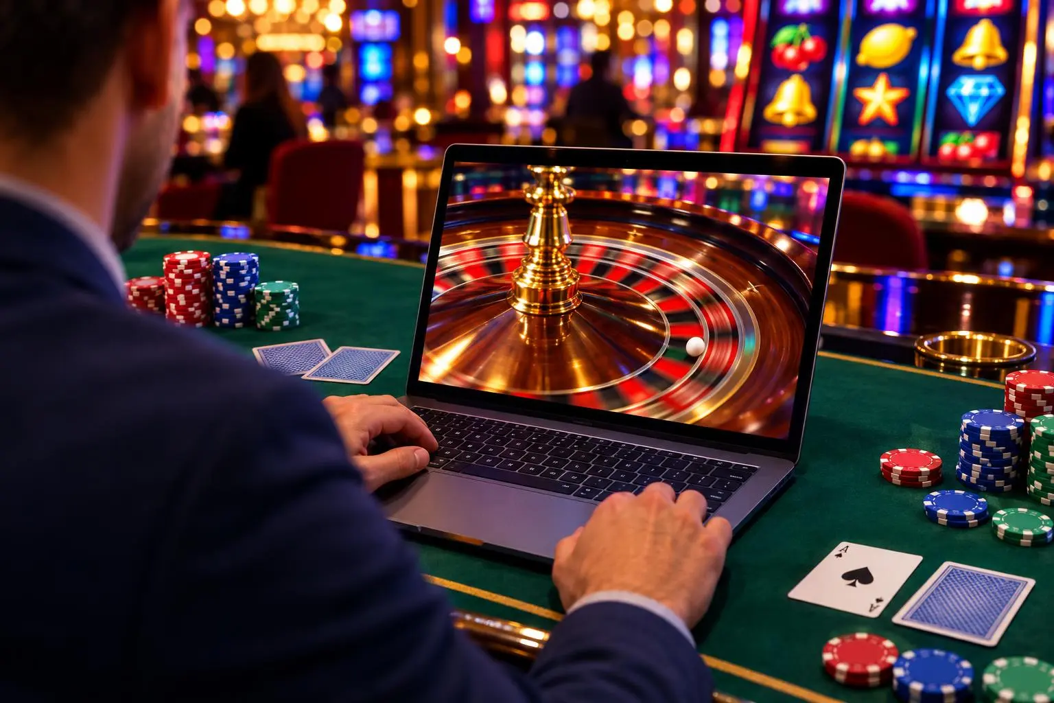 Una persona mira una ruleta en movimiento en la pantalla de una computadora portátil.