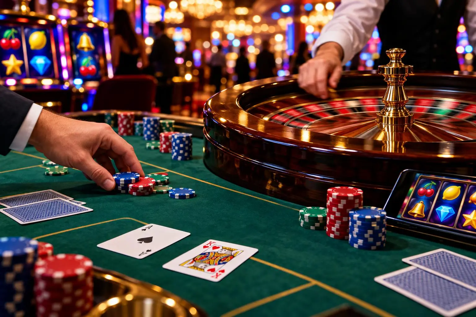 Una ruleta gira mientras una mano coloca fichas lisas sobre el paño.