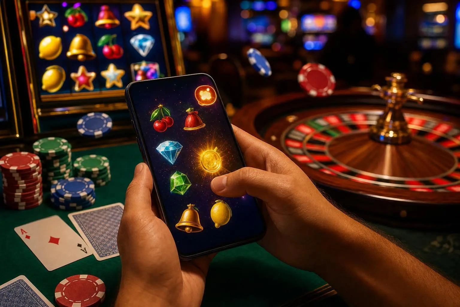 Manos sosteniendo un celular con una notificación visible y luces de casino desenfocadas atrás