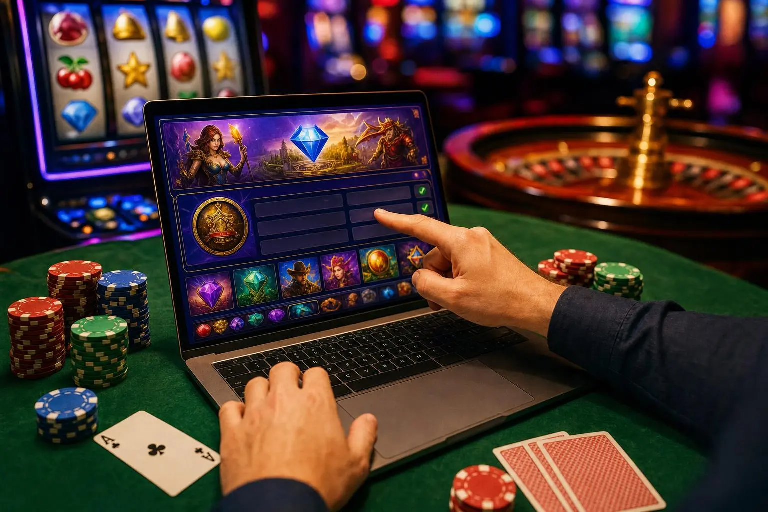 Mano señalando la sección de licencia en la pantalla de un portátil con fondo de casino