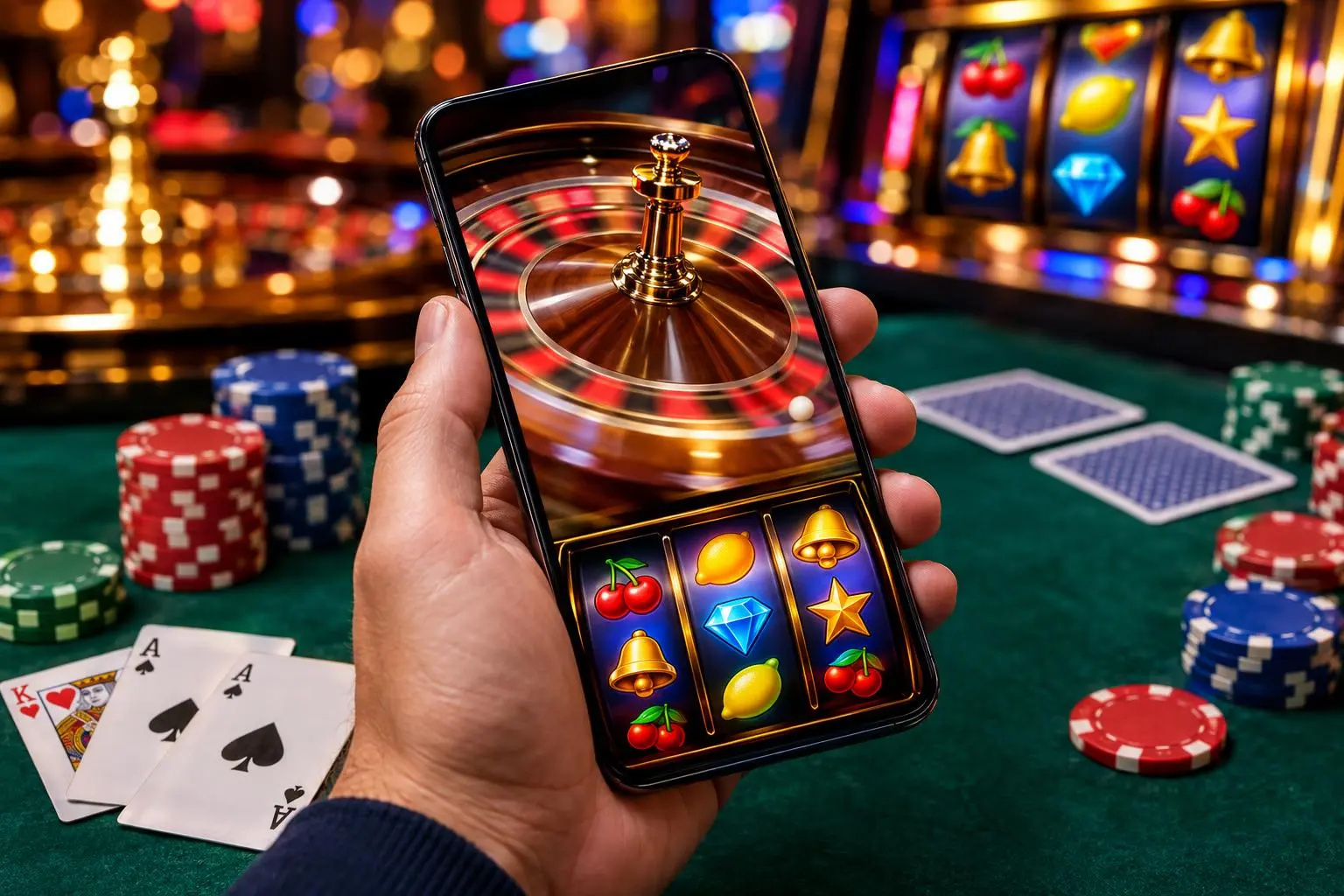 Una mano sostiene un celular con una ruleta en movimiento en la pantalla.