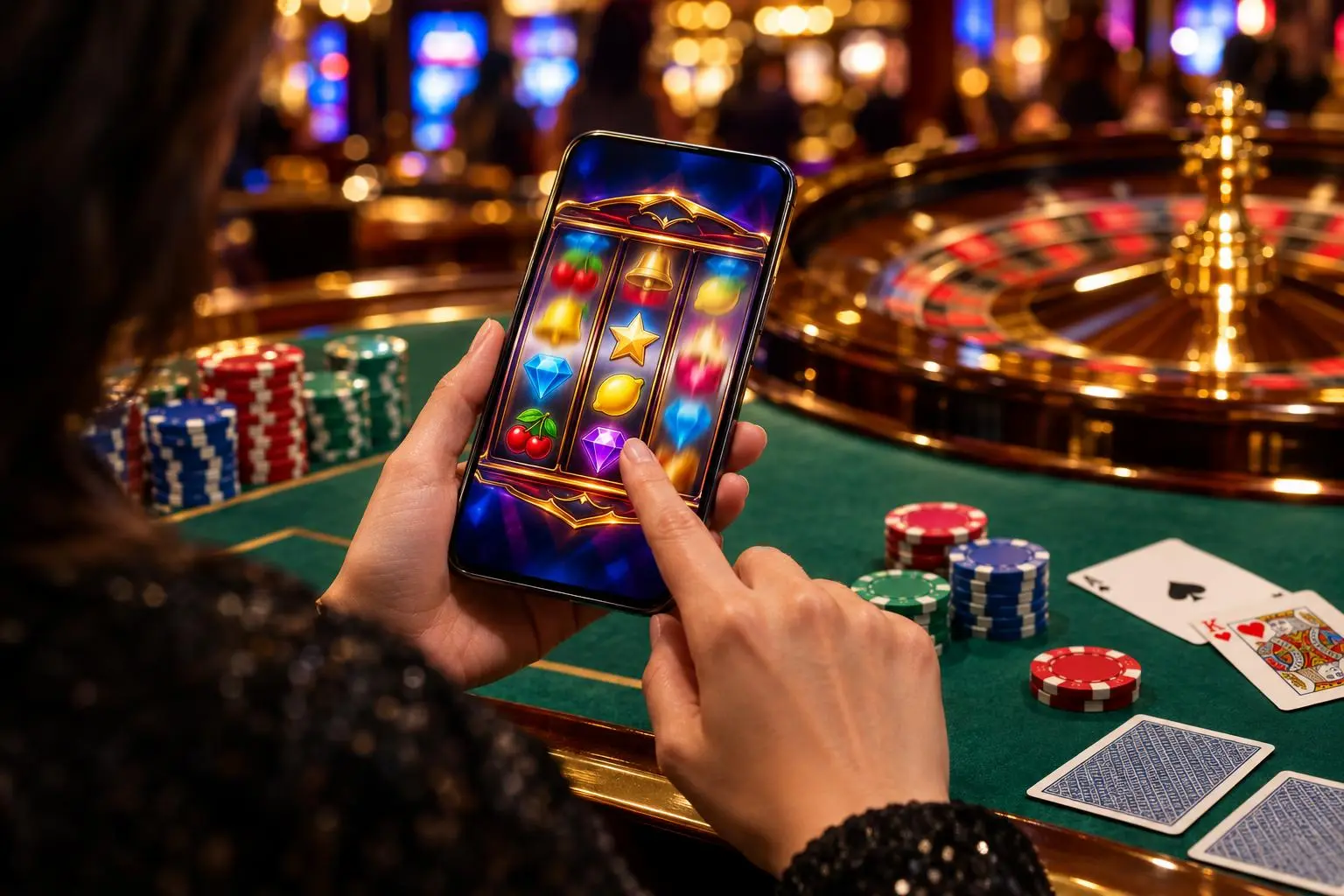 Una persona usa el celular; en la pantalla se ven rodillos de tragamonedas en movimiento.