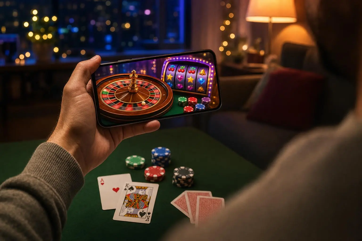 Mano sosteniendo un celular con una ruleta girando en la pantalla, fondo de salón desenfocado.