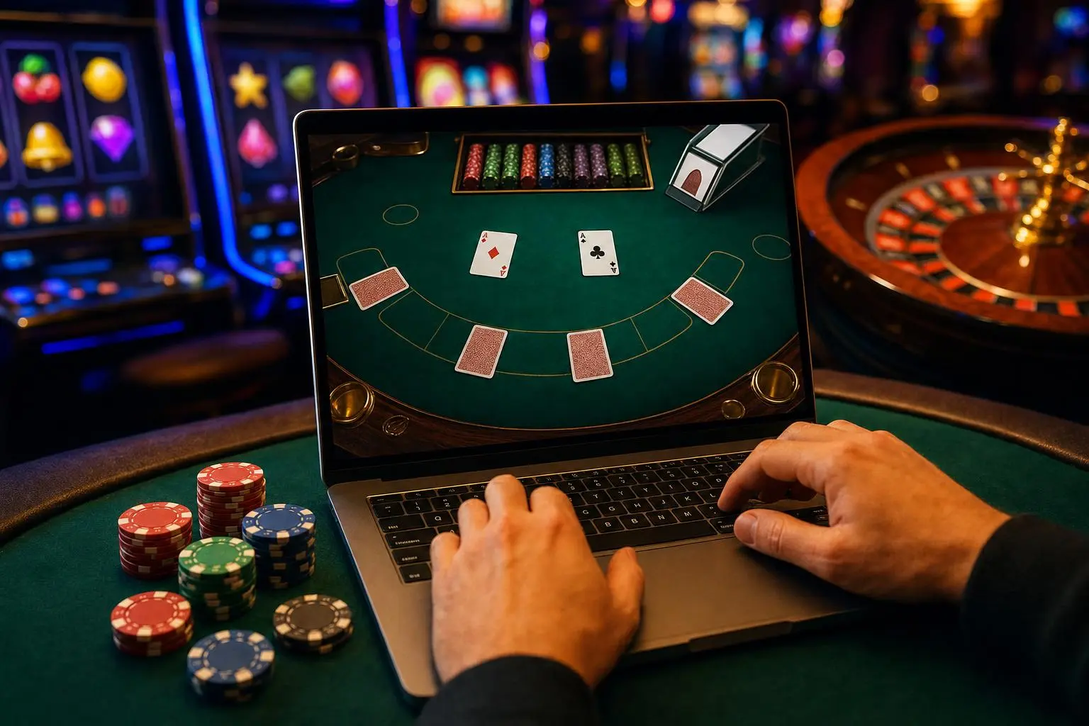 Manos sobre el teclado de una laptop con una mesa de blackjack en juego en la pantalla.