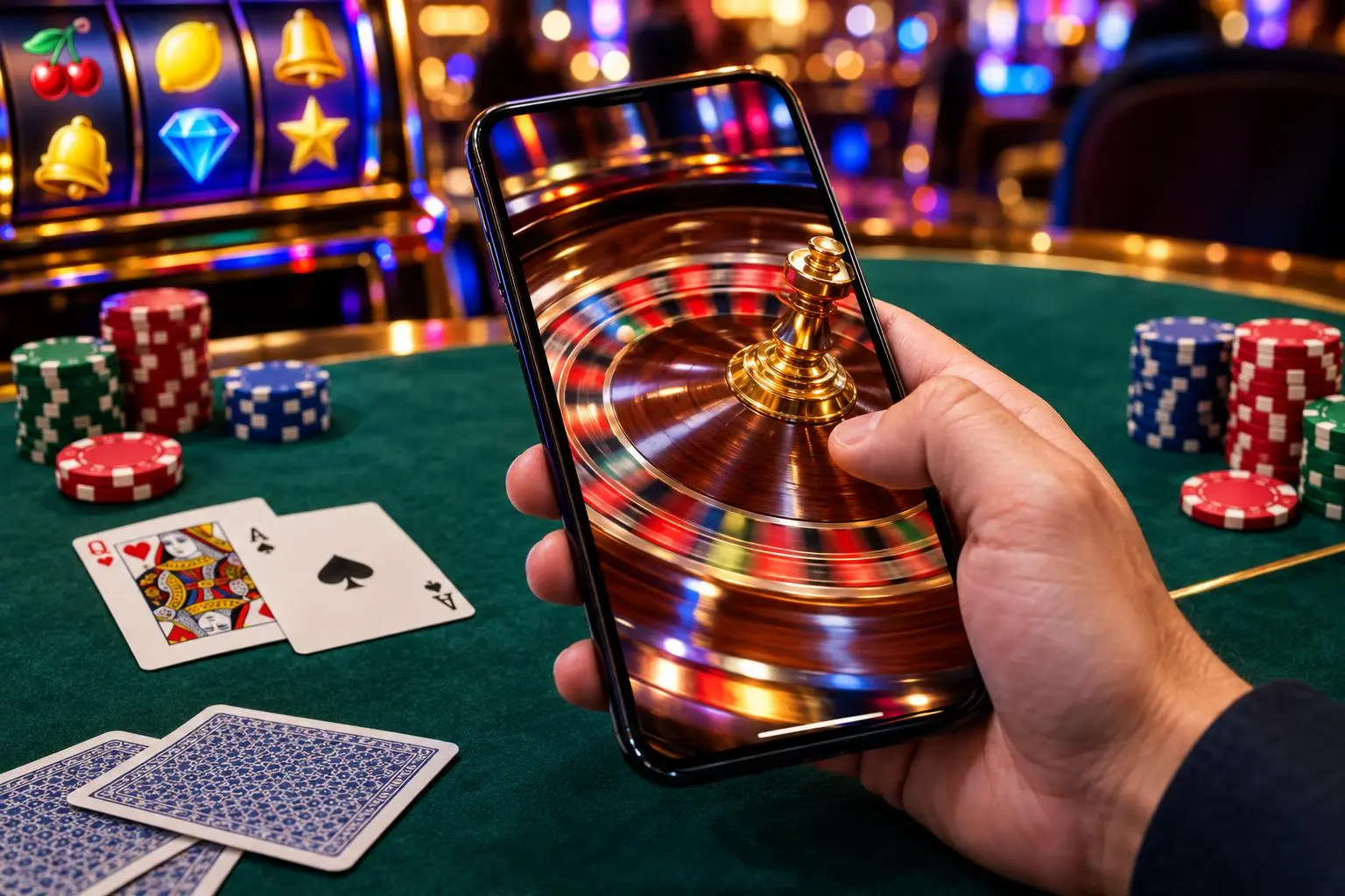 Una mano sostiene un celular con una ruleta en movimiento en la pantalla.