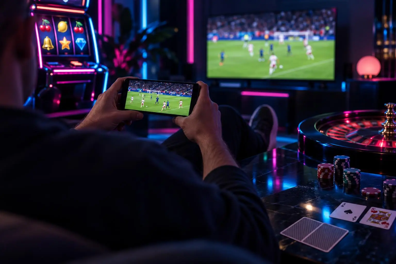 Una persona mira un partido de fútbol en el celular mientras sigue la transmisión en un televisor.