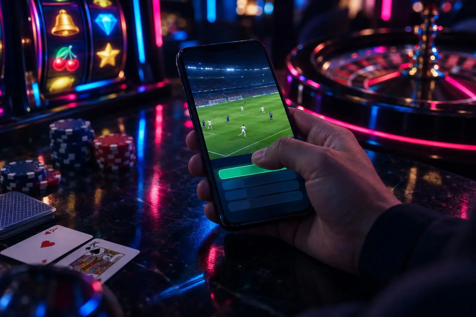 Un pulgar queda suspendido sobre el celular mientras se ve un partido de fútbol en la pantalla.