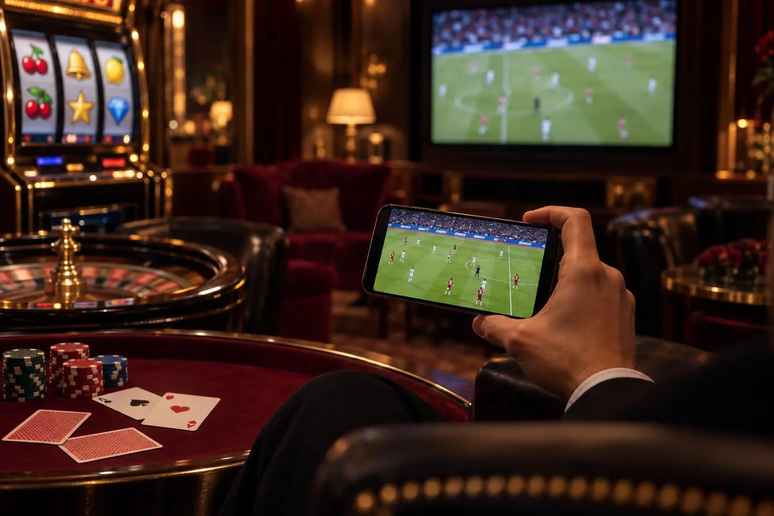 Una mano sostiene un celular con un partido de fútbol en pantalla y la televisión desenfocada al fondo.