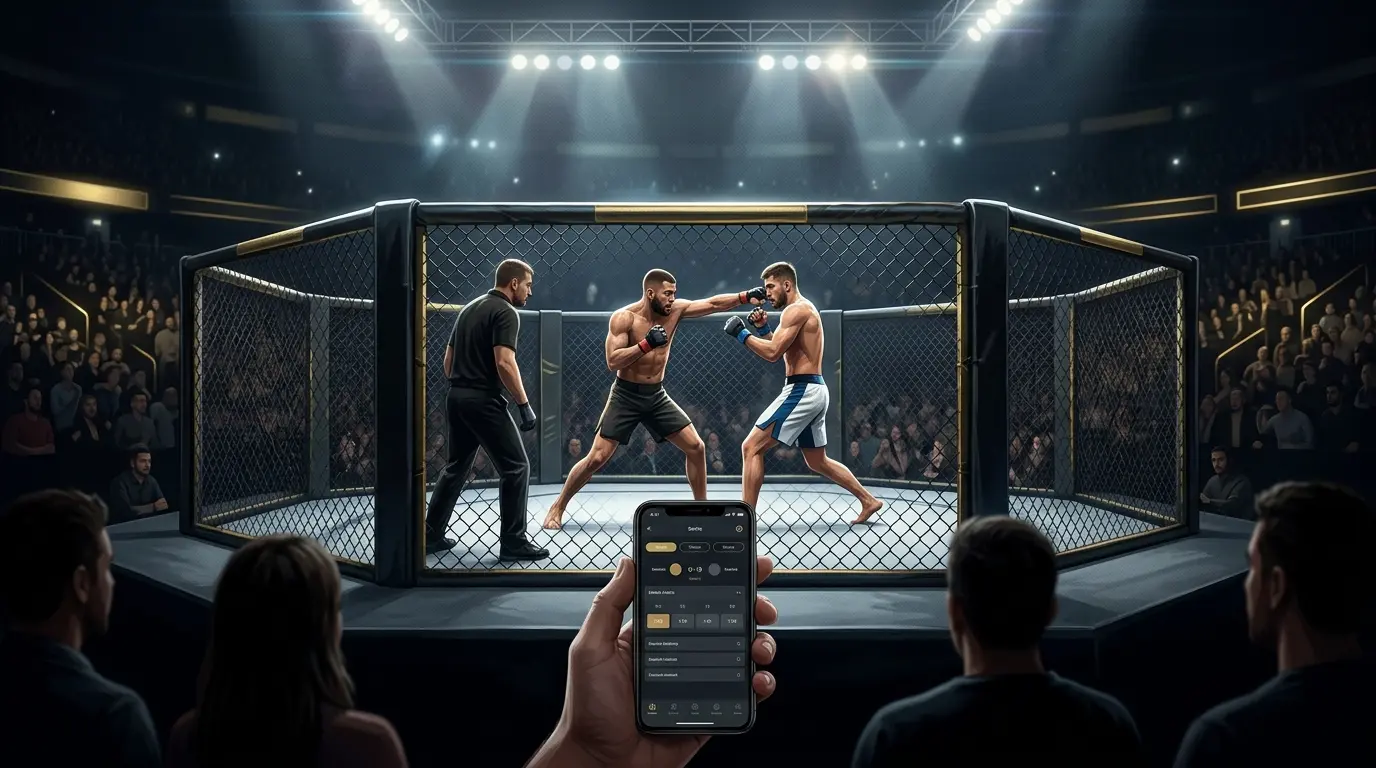 Dos peleadores de MMA combaten en una jaula mientras el árbitro observa cerca.