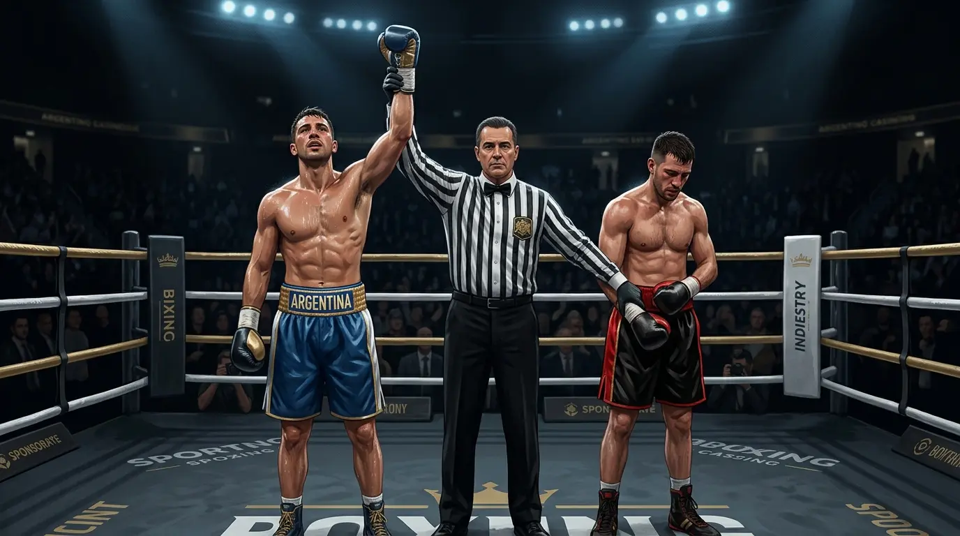 Un árbitro levanta el brazo de un boxeador en el ring; el rival permanece a su lado.