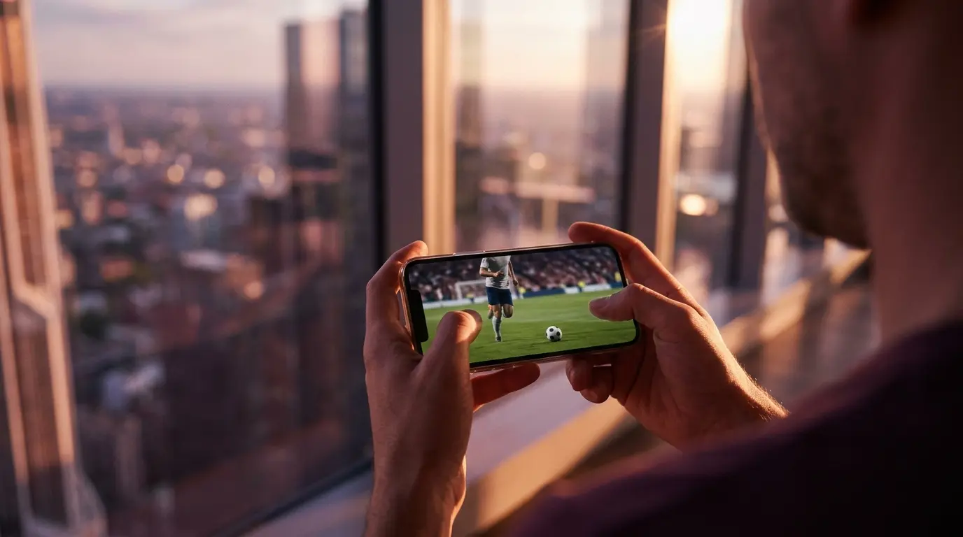 Una persona sostiene un celular con un partido de fútbol en pantalla junto a una ventana panorámica.