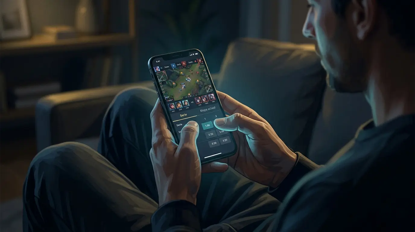 Una persona mira una partida de esports en su celular, con opciones para apostar a la serie o al mapa.