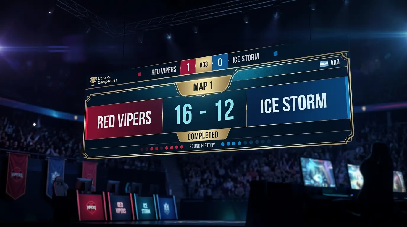 Un marcador de esports muestra el resultado de un mapa y el estado de la serie.