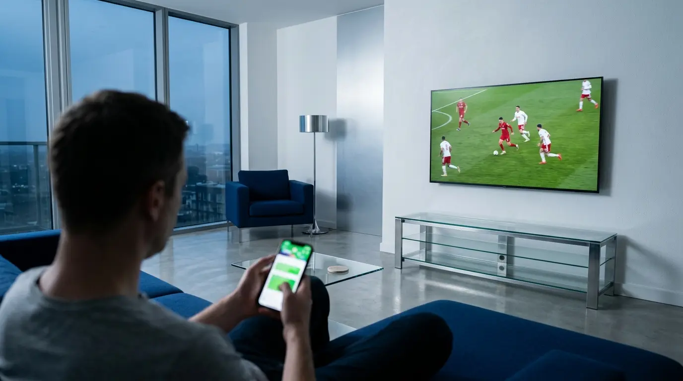 Una persona mira un partido de fútbol en el televisor mientras sostiene el celular.