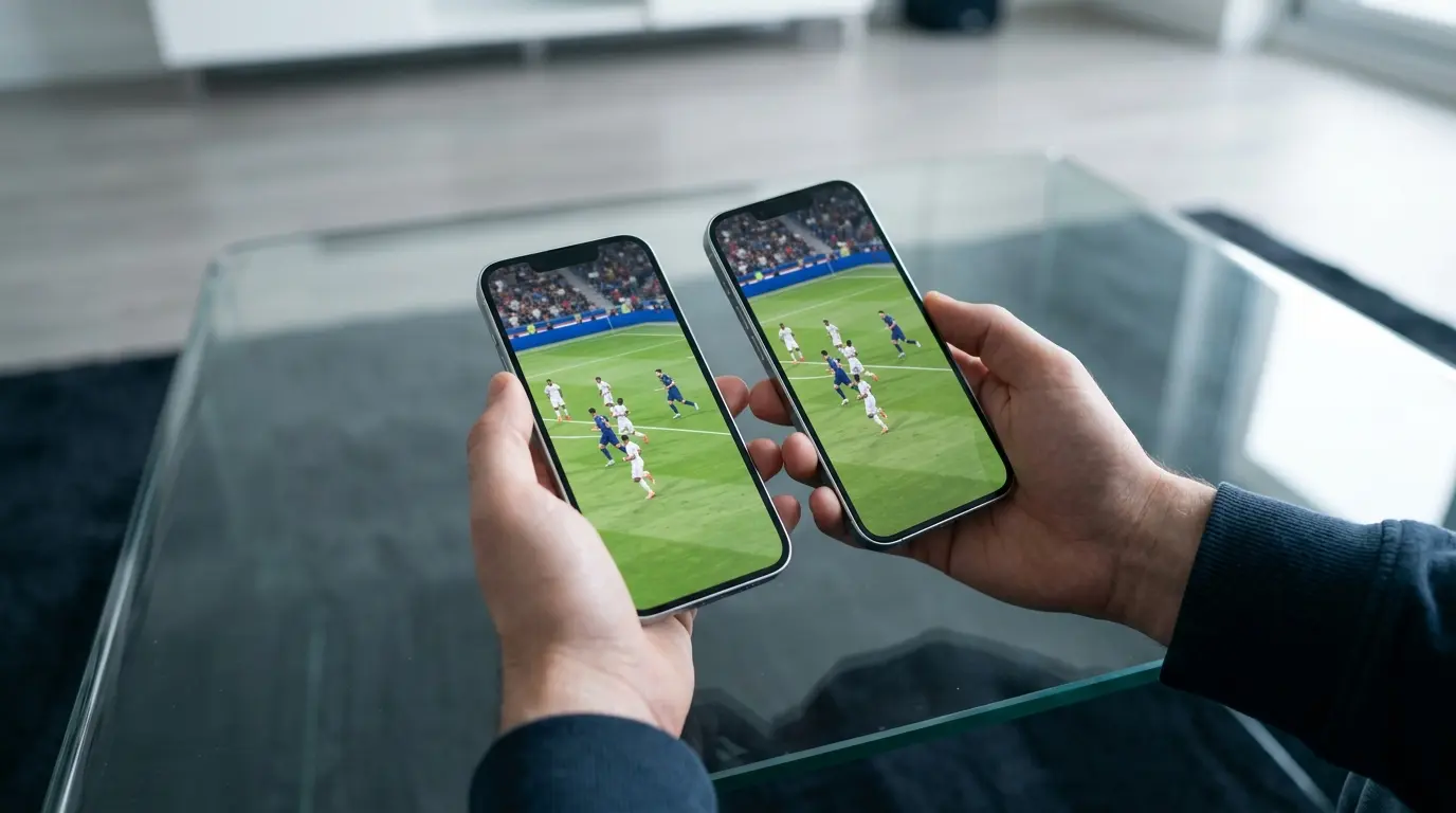 Dos celulares muestran el mismo partido de fútbol mientras una persona los acerca para compararlos.