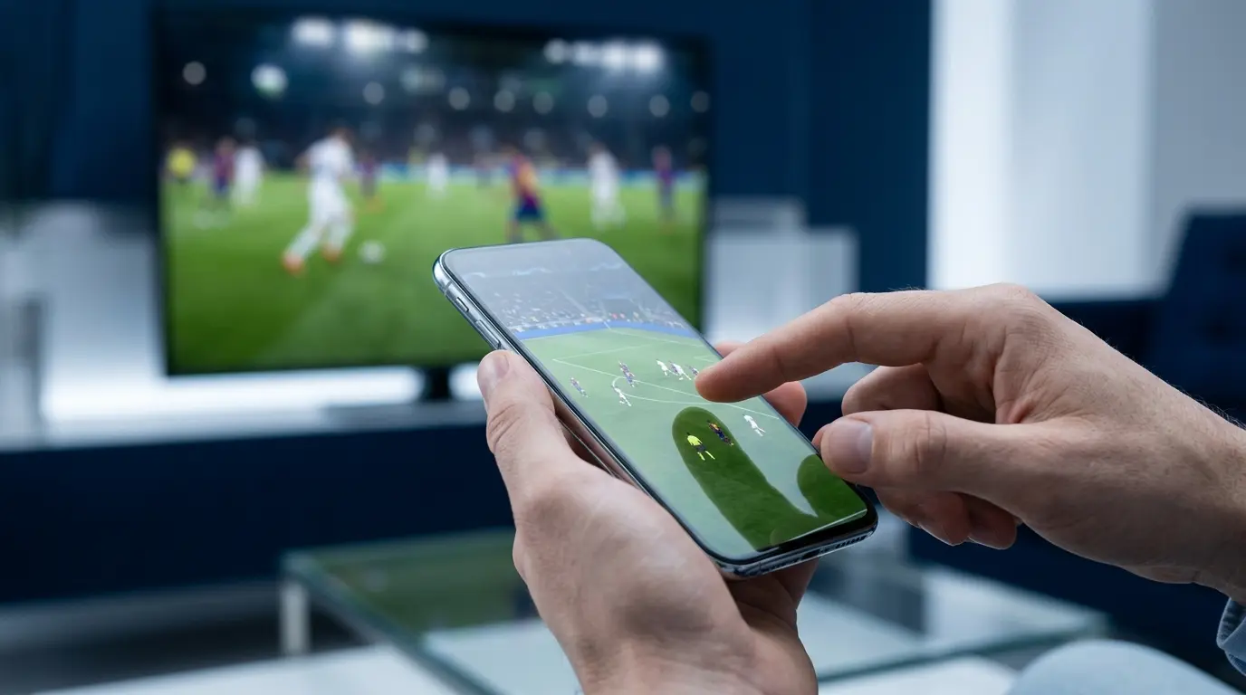 Un dedo se detiene sobre el celular mientras se ve un partido de fútbol en la pantalla.