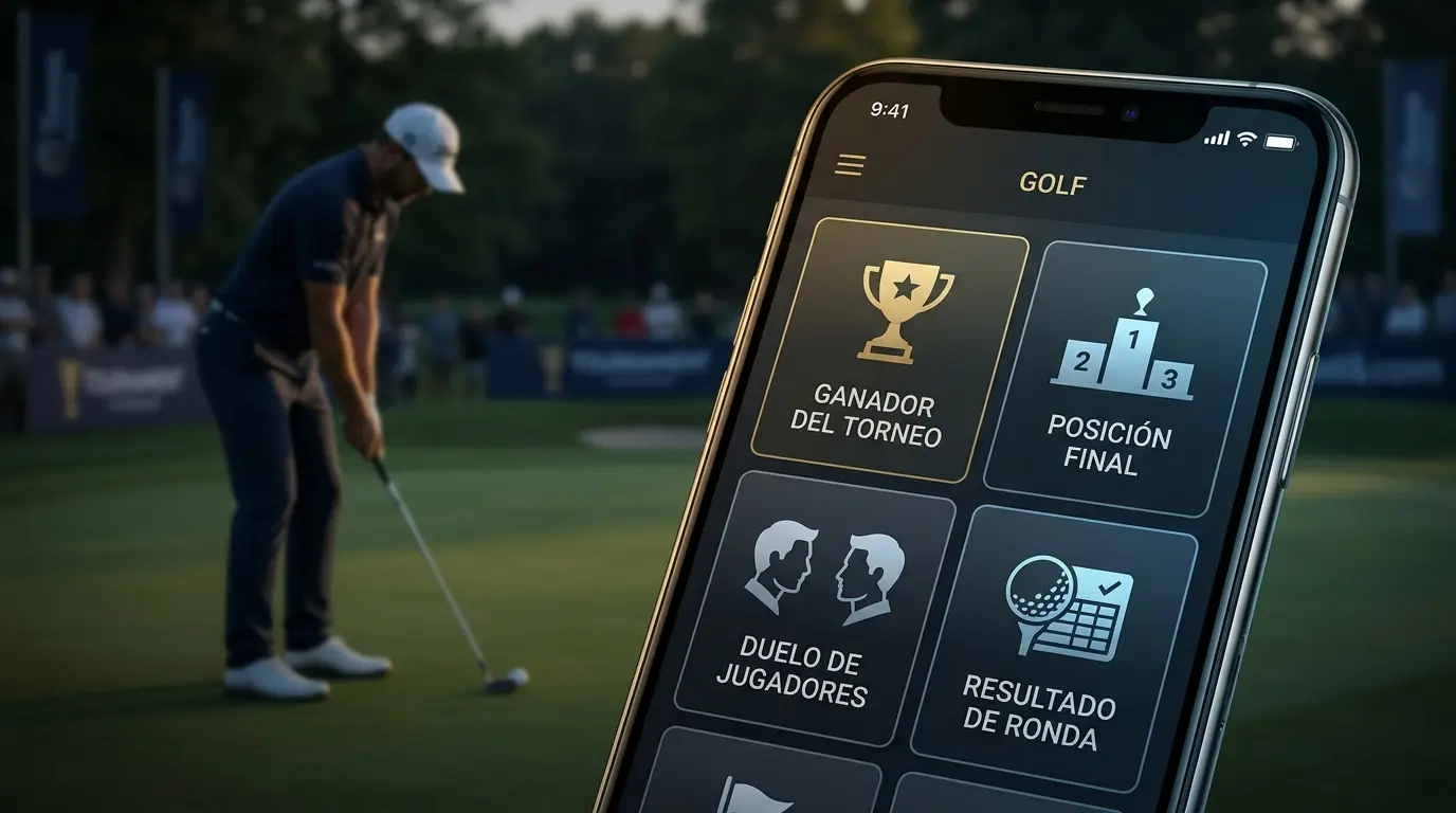 Un celular muestra opciones de apuestas de golf mientras un golfista prepara un golpe en el green.
