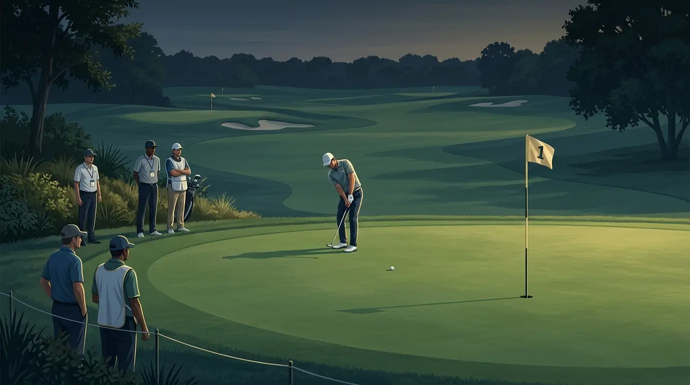 Un golfista juega en el green durante una ronda, con otros hoyos del torneo al fondo.