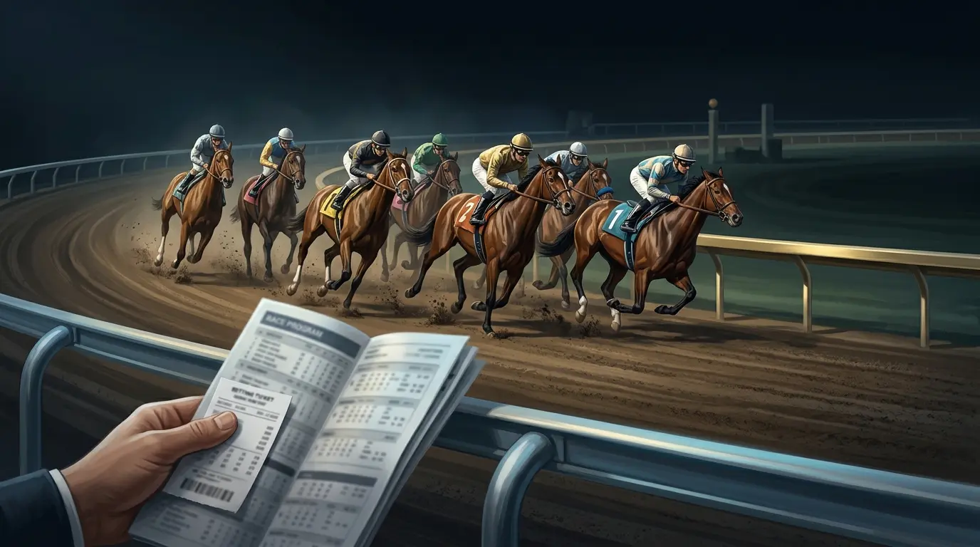 Caballos corren por la pista; en primer plano, una mano sostiene un programa y un boleto.