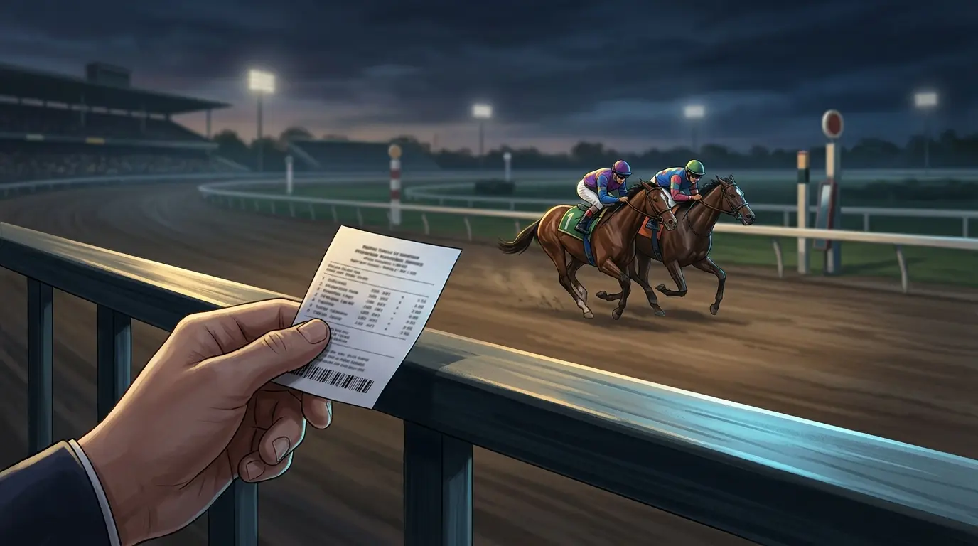 Una mano sostiene un boleto junto a la pista mientras dos caballos llegan muy parejos a la meta.