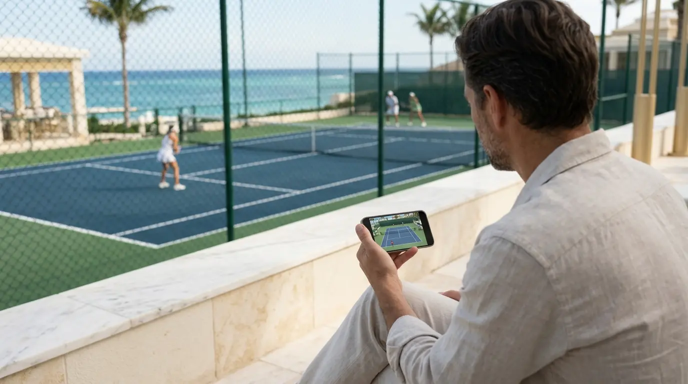 Una persona mira un partido en la cancha y sostiene un celular que muestra una jugada de tenis.