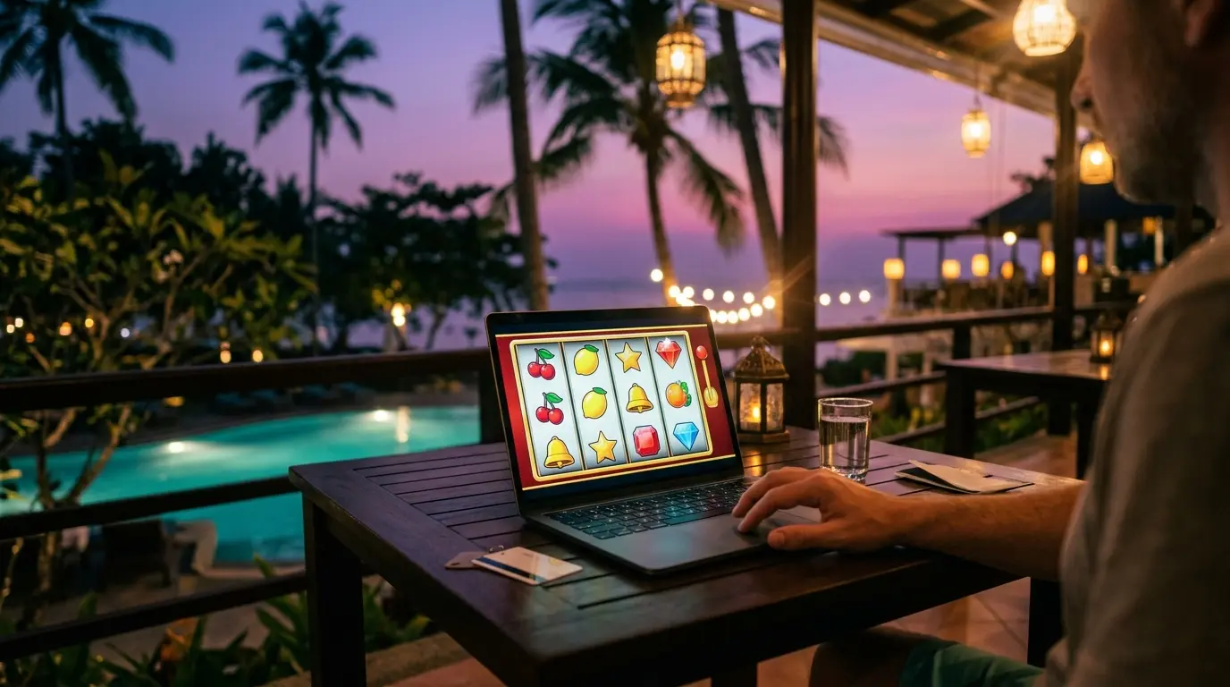 Una persona usa una notebook con tragamonedas en movimiento junto a la pileta.