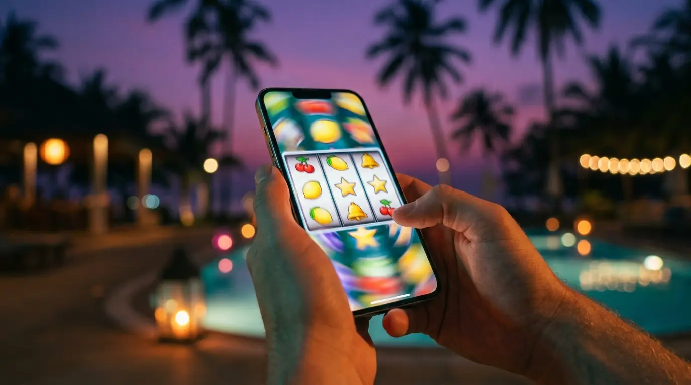 Manos sostienen un celular con los rodillos de una tragamonedas en movimiento.