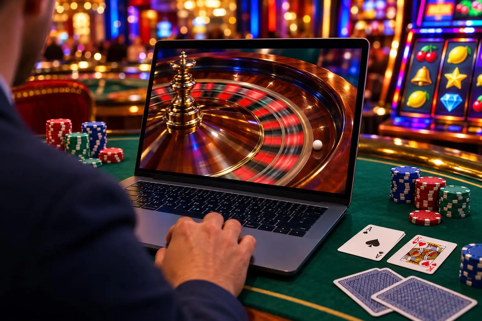 Una persona mira una ruleta en movimiento en la pantalla de una computadora portátil.
