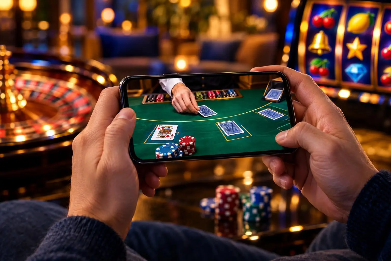 Una persona sostiene un teléfono mientras en la pantalla se reparte una carta de blackjack.