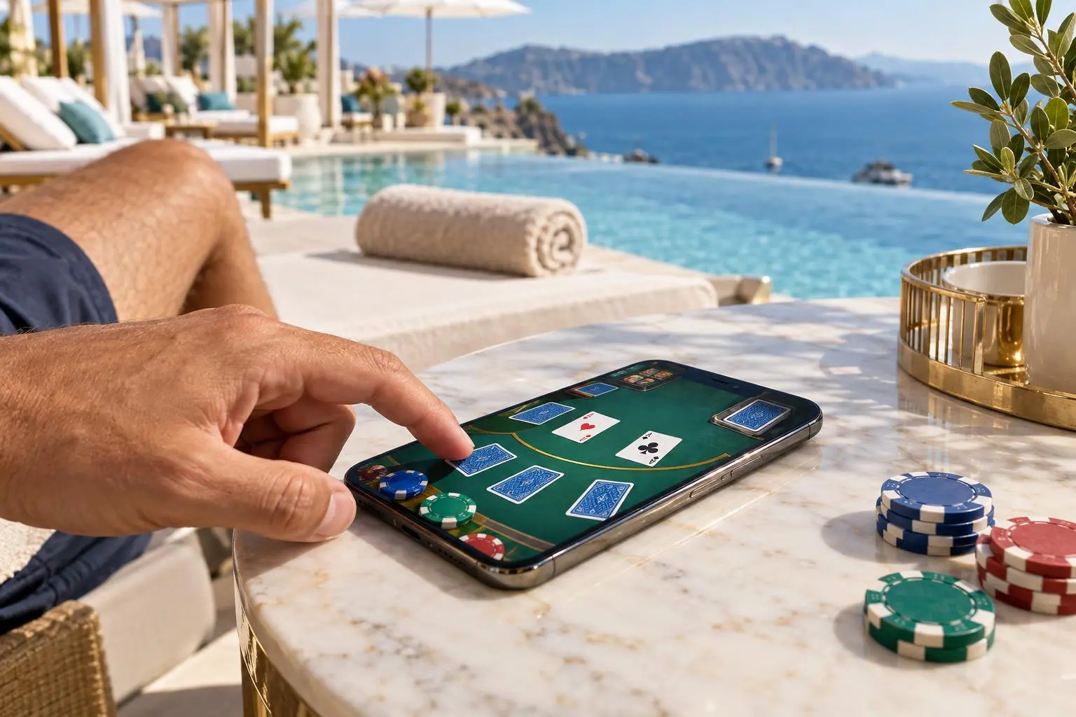 Una mano toca un celular mientras se reparten cartas en un juego de blackjack.