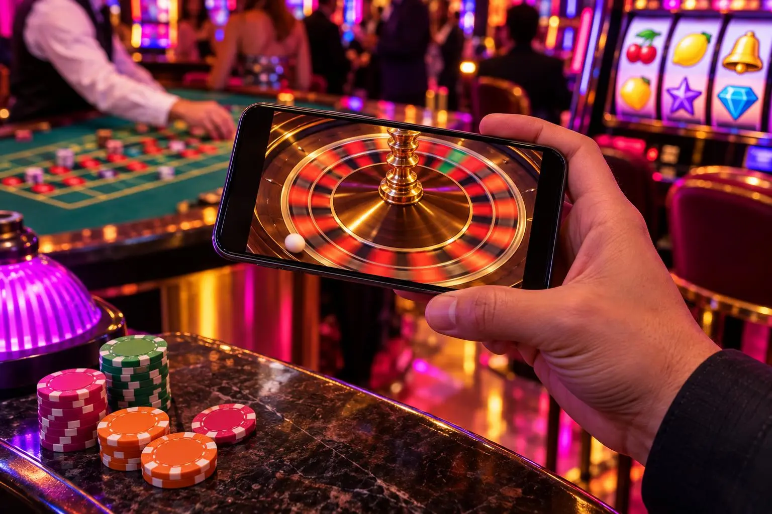 Una mano sostiene un celular con una ruleta virtual en movimiento.