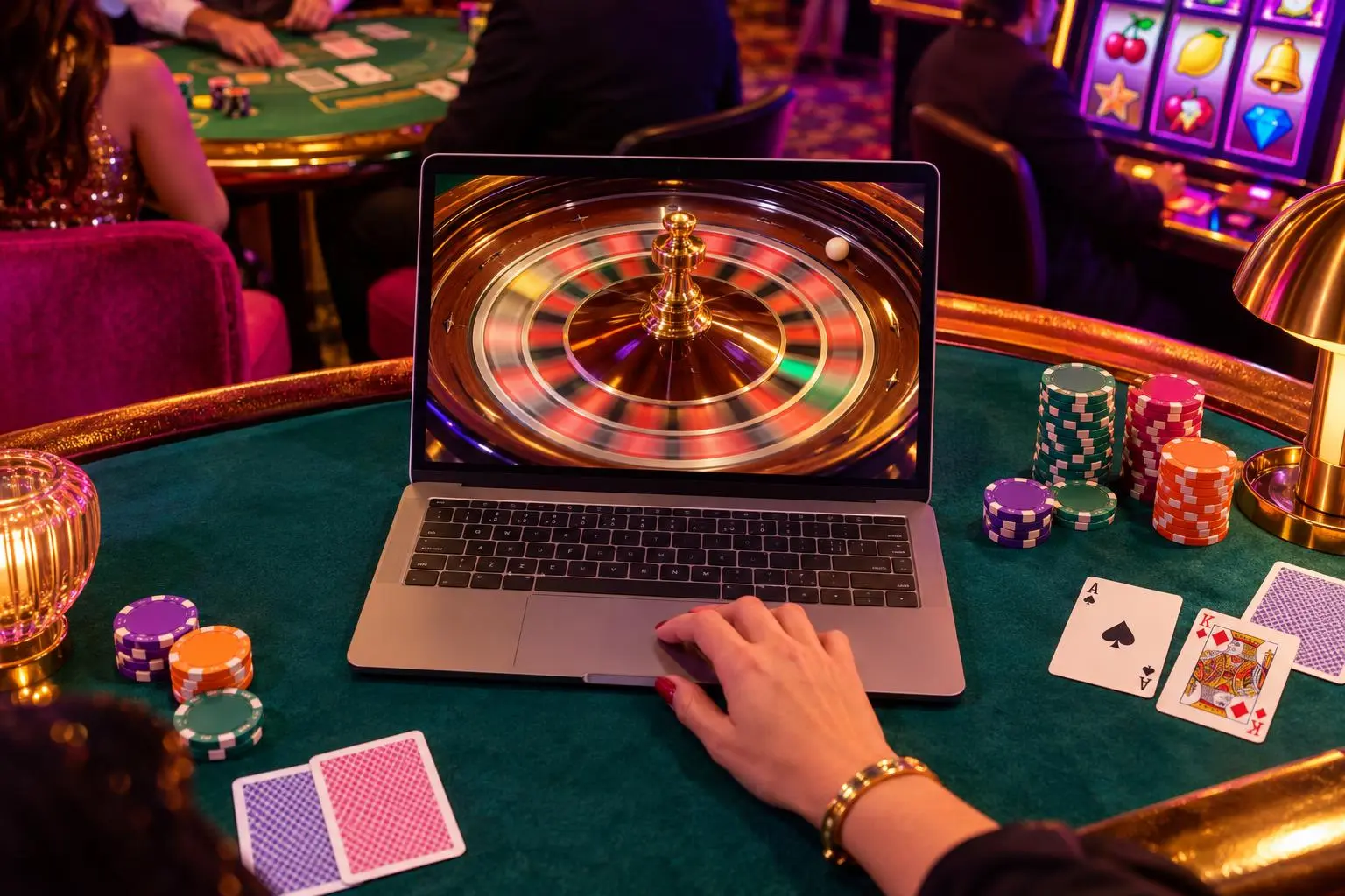 Una notebook muestra una ruleta virtual mientras una mano usa el trackpad.