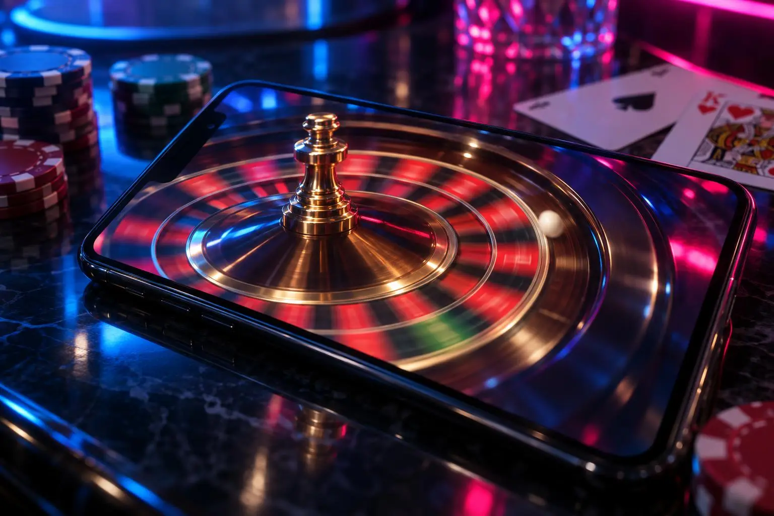 Un celular muestra una ruleta en movimiento sobre una mesa brillante.