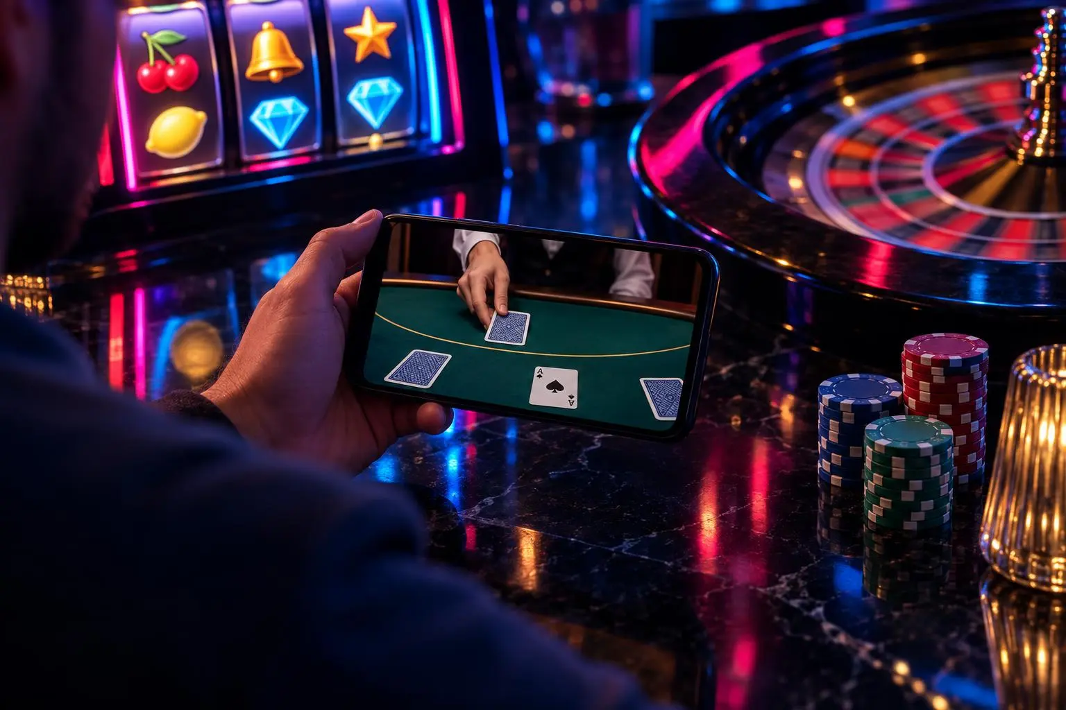 En la pantalla de un celular, una mano reparte una carta en una partida de blackjack.