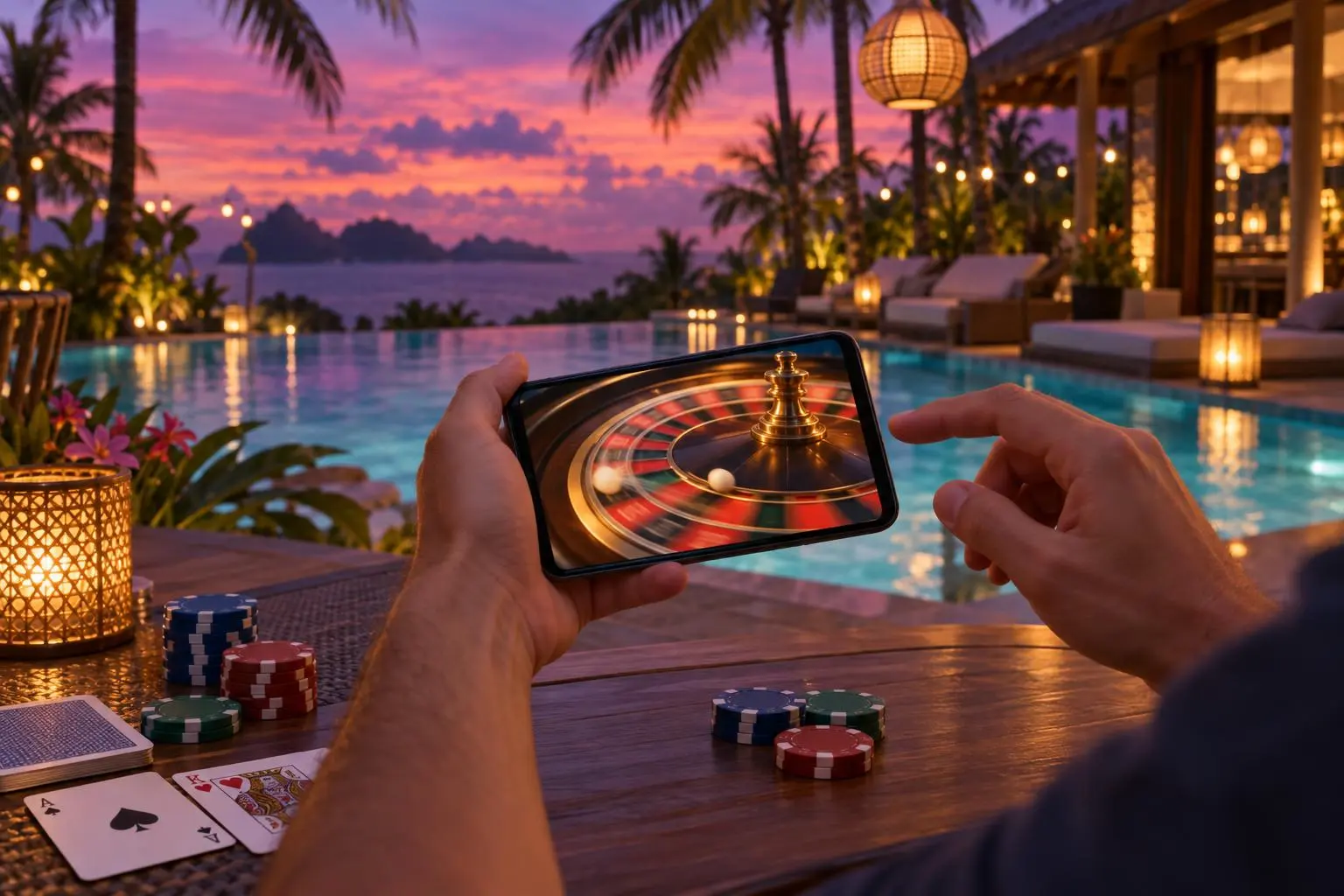 Una mano sostiene un celular con una ruleta en movimiento junto a una piscina.