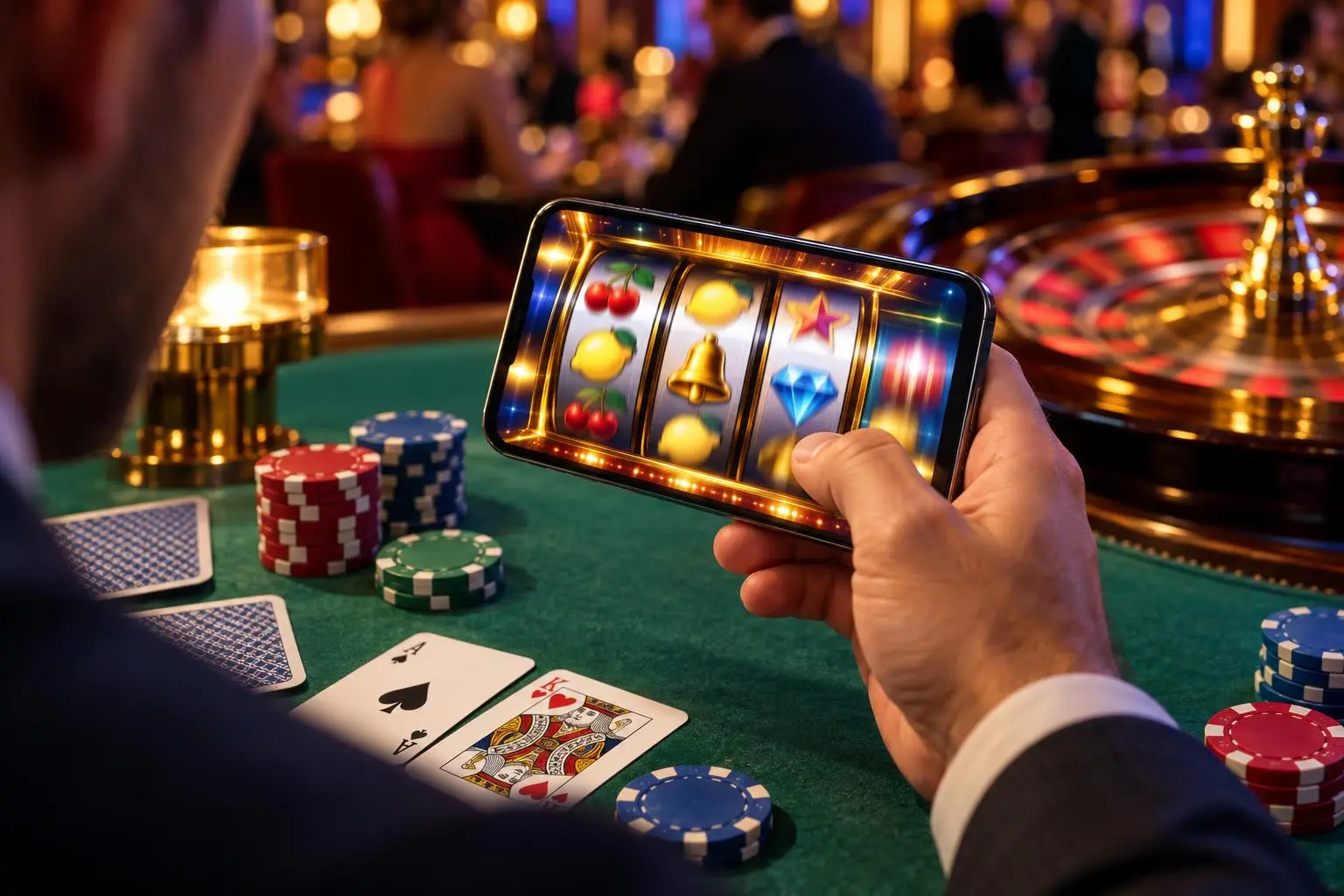 Hellspin Casino Argentina: reseña y opiniones 2026 Una persona sostiene un celular con rodillos de tragamonedas en movimiento sobre una mesa de paño.