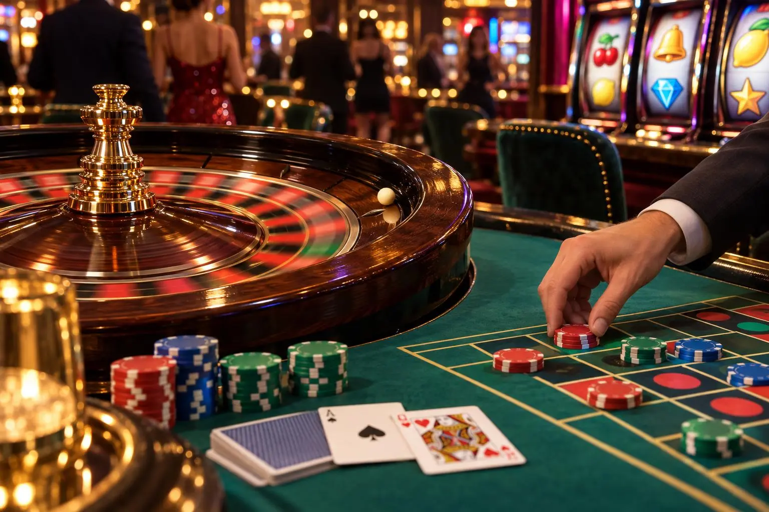 Una mano coloca una ficha lisa sobre el paño junto a una ruleta en movimiento.