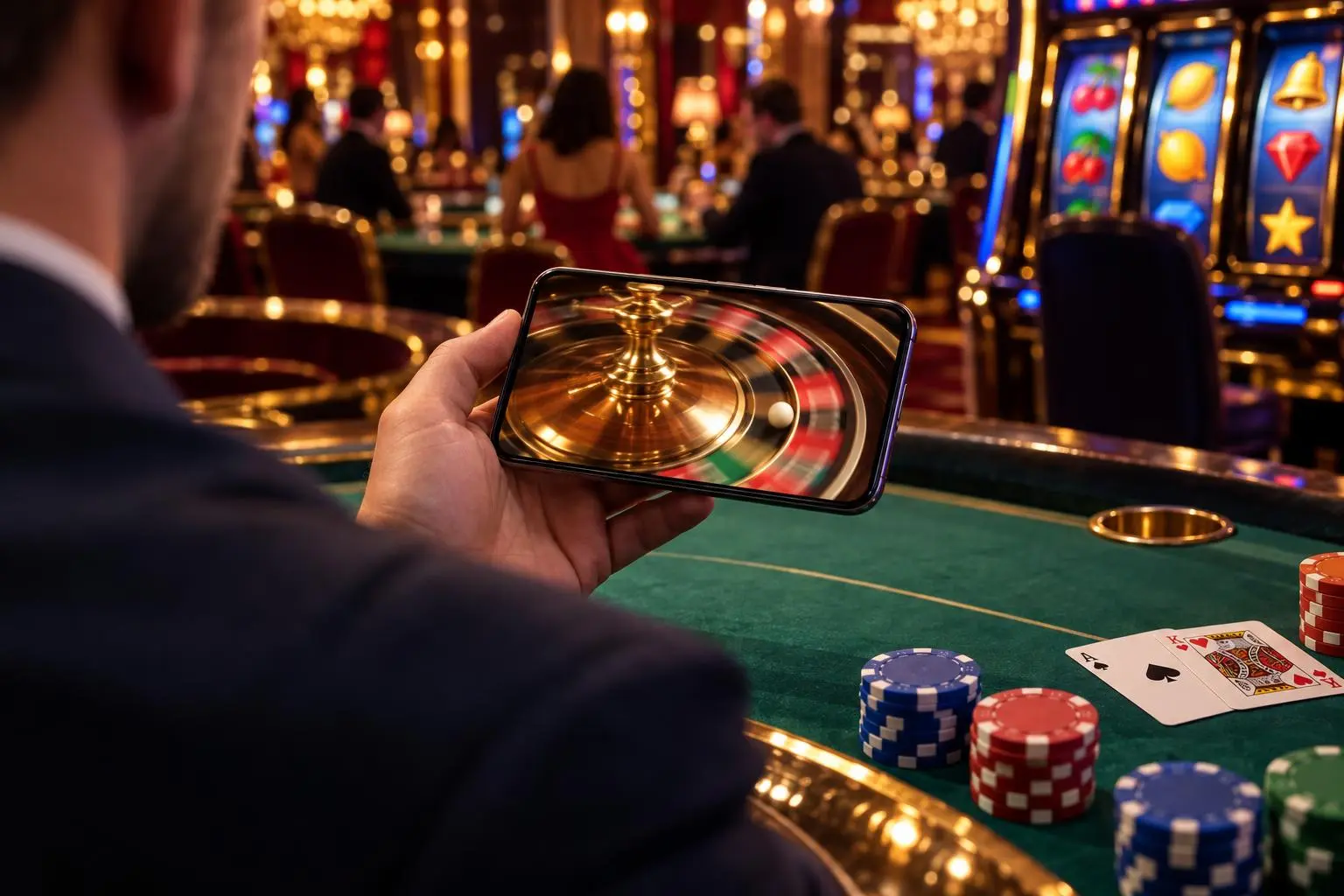 Una persona mira una ruleta en movimiento en su celular junto a unas fichas.