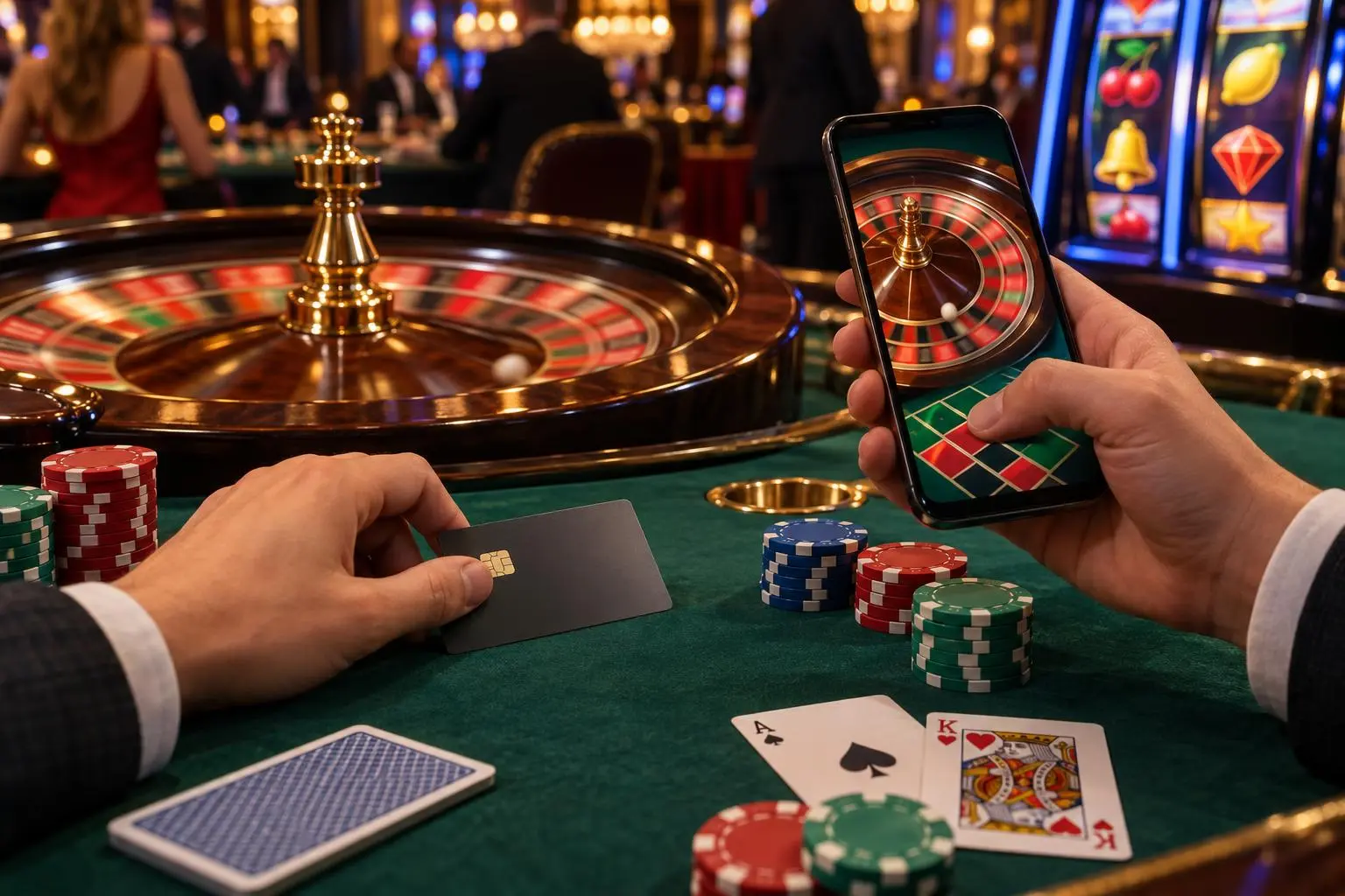 Una tarjeta bancaria y un celular con una ruleta en movimiento sobre una mesa de casino.