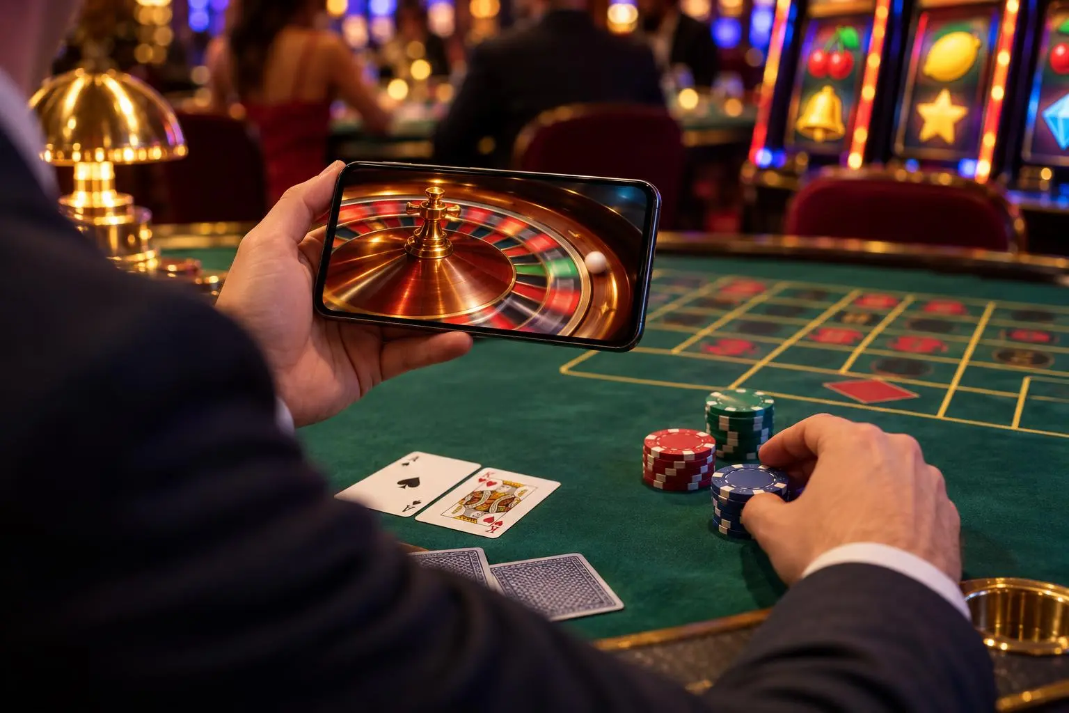 Una persona sostiene un celular con una ruleta en movimiento y fichas sobre el paño.