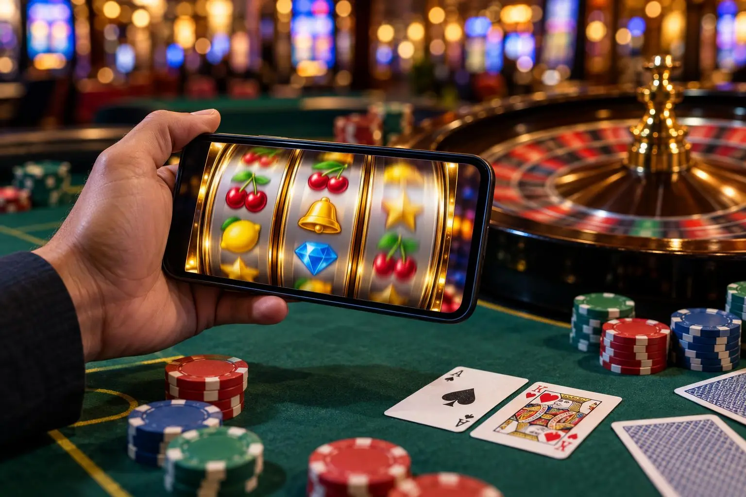 Una mano sostiene un celular con los rodillos de un slot en movimiento.