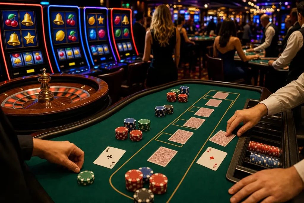 Salón de juego con mesas en movimiento, crupier repartiendo y rodando una ruleta