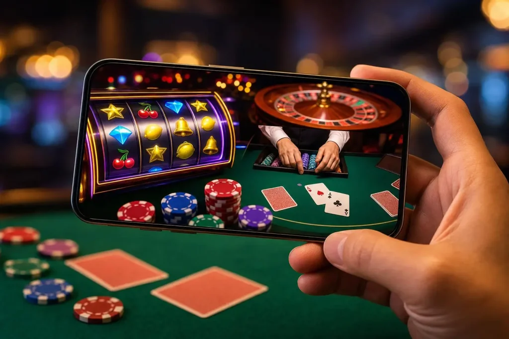 Mano sosteniendo un celular que muestra tragamonedas en movimiento y una mesa en vivo