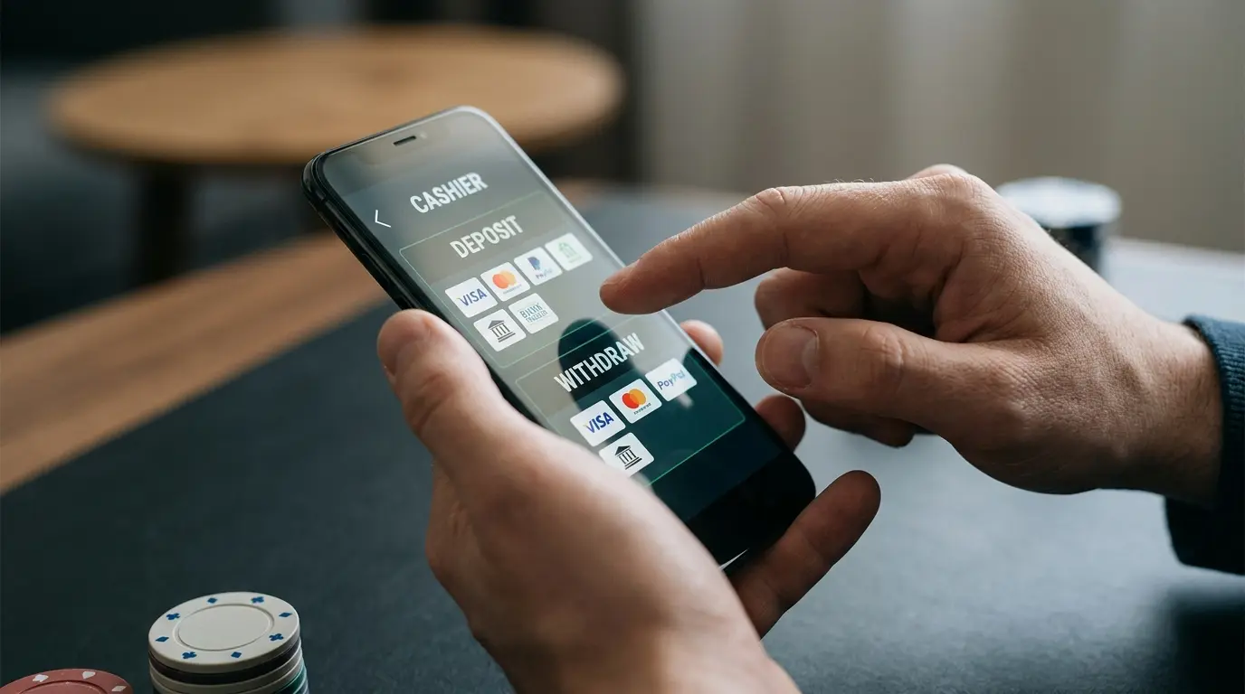 Una mano consulta en el celular las opciones separadas para depositar y retirar.
