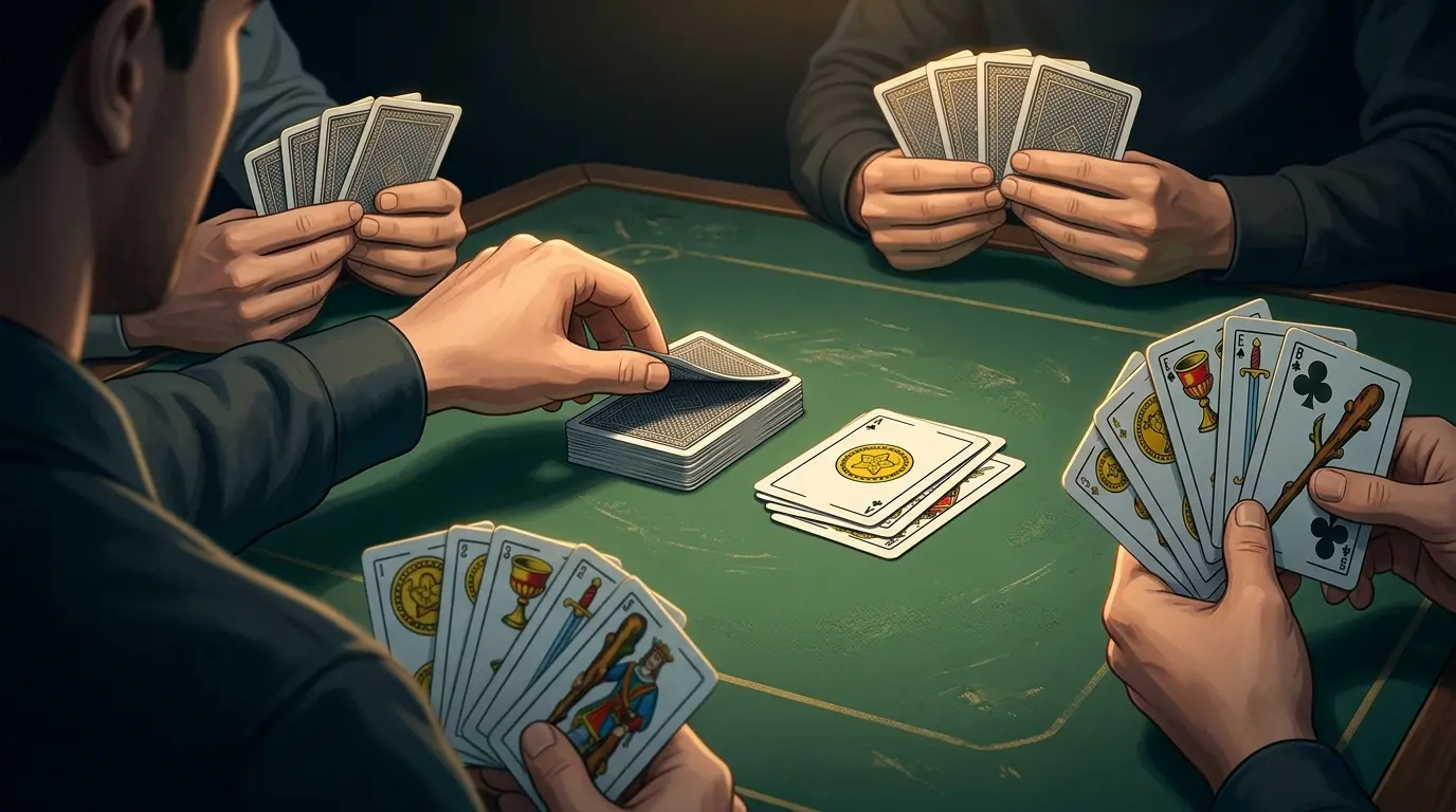 Una mano toma una carta del mazo junto a otras cartas repartidas y un montón de descarte.